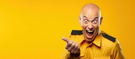 Prisoner dressed up enjoying and making faces on yellow backdrop with room for text photo