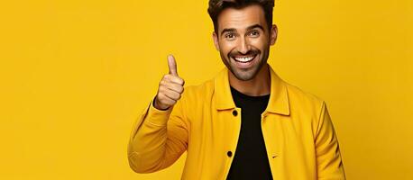 Happy man gesturing to empty space with hands offering advertising opportunities isolated on yellow background photo