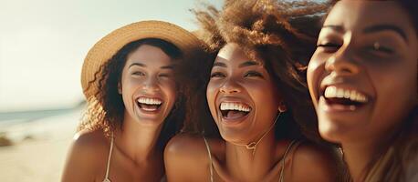 Multiracial ladies happily spending time together at the beach enjoying their vacation by the ocean photo