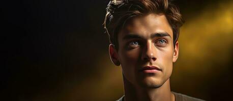 Close up portrait of young man in a studio gazing at empty space photo