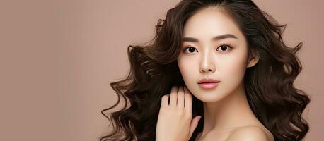 Asian woman with long curly hair and flawless skin showcases Korean inspired makeup and reveals an open hand with available space on a neutral background photo