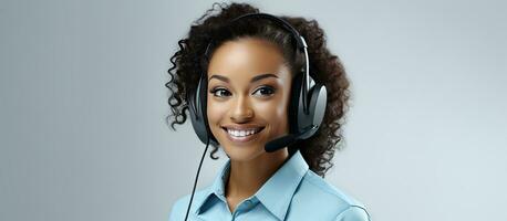 African American woman in call center with headphones smiling and ready to help on a light gray background with room for text photo