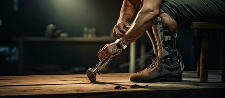 Craftsman creating leg prosthetics in workshop with copy space photo