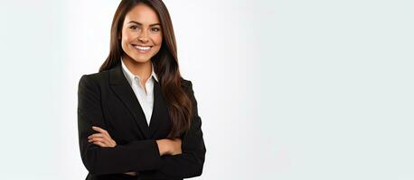 Female manager displaying marketing copy space smiling white background photo