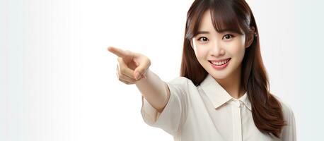 Asian woman smiling and pointing up to blank space inviting customers to buy the product for advertising purposes with a white background photo