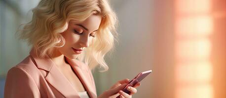 Blonde young woman using smartphone holding cell phone Copy space for banner design concept photo
