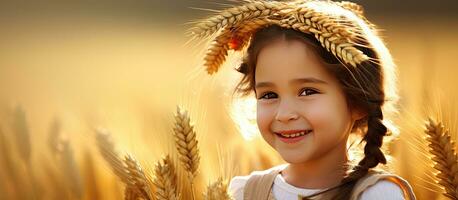 Cute little girl with wheat wreath and bread on golden wheat field photo