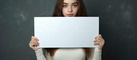 Beautiful young girl displaying empty signboard on gray background photo