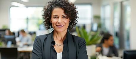 Middle aged Latina businesswoman confident and attractive standing in an office setting with crossed arms smiling at the camera photo