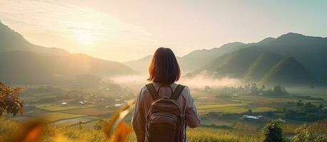 An energetic Asian woman taking photos of the countryside homestay in the morning sunrise with space for text