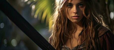 A young woman dressed as a pirate poses outdoors with a machete providing room for text photo