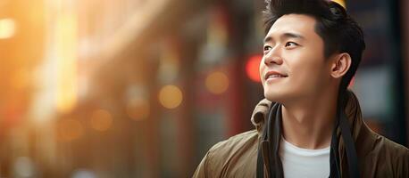 Asian man smiling and looking away in closeup street portrait copy space photo