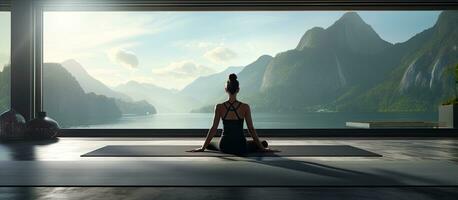un mujer en un yoga estudio haciendo cobra actitud en un estera por un grande ventana foto