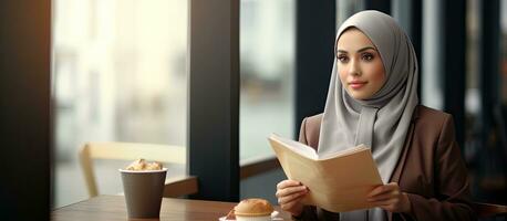 Muslim businesswoman eating takeout food and reading documents in office with copy space for portrait photo