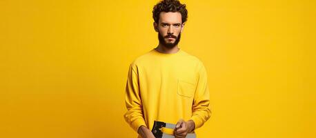 Tall woman alone holding a large hand saw against a yellow backdrop Full body image of casually dressed girl with tool Vertical format with room to write photo