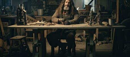 Elderly craftsman with long hair making wooden leg prosthetics in workshop empty area for text photo