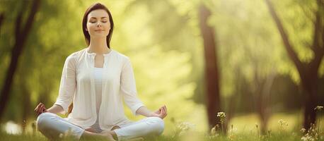 Young woman smiling adoring yoga feeling alive free from obligations peaceful eyes shut in park copy space photo