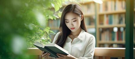 Asian woman with an open book studying at the university library photo