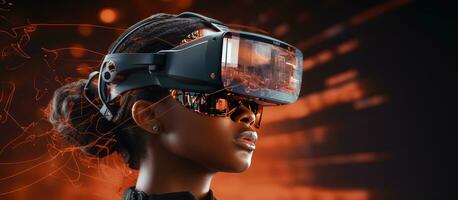 Metaverse concept depicted with black woman wearing VR glasses data blocks and empty white background photo