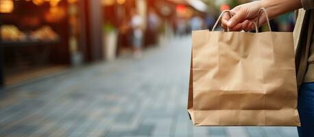 Female hand holding brown paper bag with food products isolated on blue wall background Delivery service concept Mock up for advertising photo