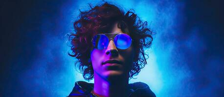 Close up portrait of a stylish young man in black attire sporting glasses and curly hair against a blue background adorned with mixed neon lights embodyin photo