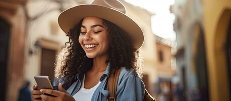 Smiling Latin woman traveler using phone app to control digital camera outdoors technology concept photo