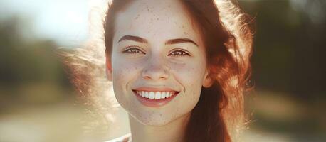 Beautiful young woman with skin inflammations smiling on a sunny day Copy space photo