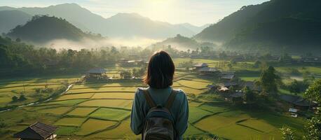 An energetic Asian woman taking photos of the countryside homestay in the morning sunrise with space for text