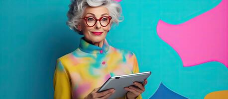 Elderly woman with gray hair holds a vertical device featuring a mockup evoking a nostalgic modern vibe on a vibrant background with room for text photo