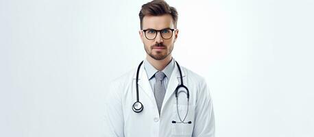 Male doctor in white coat and glasses isolated on white background looking at the camera with space for text photo