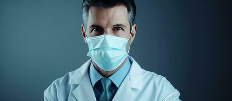 Male doctor in white coat and medical mask and gloves looks at camera on gray isolated background with copy space photo