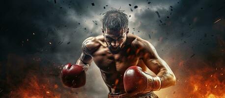 Muay Thai boxer fighting in gloves with smoke and sparks in the background photo