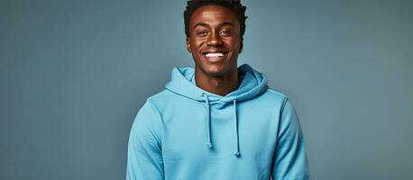 Dark skinned American man friendly in blue sweatshirt studio background with copy space photo
