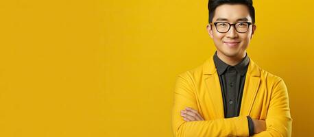 Asian man with crossed arms smiling and looking at camera against yellow background panorama with room for text photo