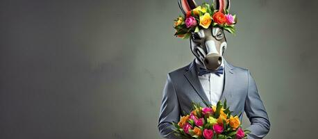 Man in suit wearing donkey mask holding tulips against grey wall backdrop Advertising entertainment fun celebration photo