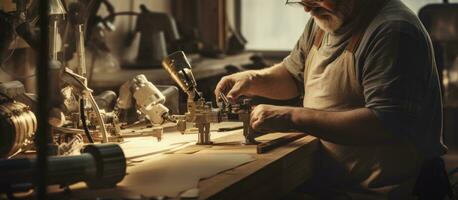 Senior man building leg prosthetics in workshop focusing on joints mechanism photo