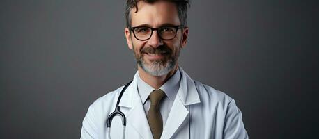 masculino médico con un estetoscopio sonriente a el cámara vistiendo un blanco Saco y lentes posando en un gris aislado antecedentes foto