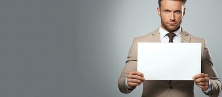 Adult Caucasian businessman holding blank paper sheet for advertising concept photo