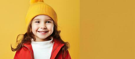 Cute girl in yellow hoodie and red hat smiles against white backdrop space for your ad photo