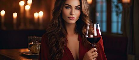 Beautiful young woman drinking red wine indoors with wide composition and space for text photo