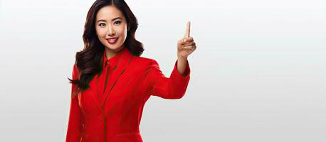 Beautiful Asian woman wearing red outfit presenting something isolated on white background photo