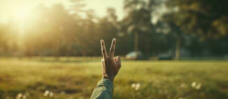 Biracial man s hand showing peace sign on grass background emphasizing peace and anti war movement photo