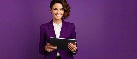 sonriente joven europeo mujer de negocios participación tableta terminado púrpura antecedentes con Copiar espacio educación tecnología y negocio concepto foto