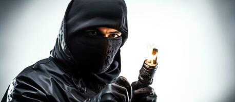 A person in a black balaclava using a torch to spy on someone with white background and copy space photo