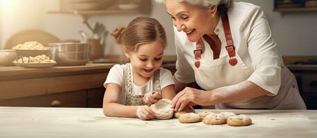 Senior Caucasian woman and young girl bake cookies together celebrating National Biscuit Day photo