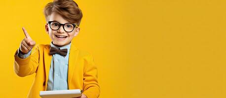 Happy schoolboy with glasses tablet and backpack pointing at empty space on yellow background Educational app for children photo