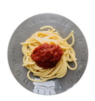 Spaghetti noodles tomato sauce on plate, Top view, on transparent background png