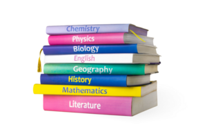 School colourfull textbooks isolated on invisible background. books are stacked. Basic school subjects mathematics, literature, physic,s chemistry png