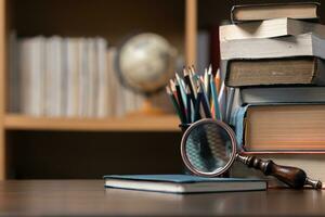 Education learning concept. Book in library with old open textbook, stack piles of literature text archive on reading desk, aisle of bookshelves in school study class room background for academic photo