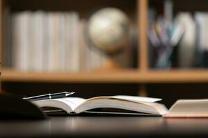 Education learning concept. Book in library with old open textbook, stack piles of literature text archive on reading desk, aisle of bookshelves in school study class room background for academic photo